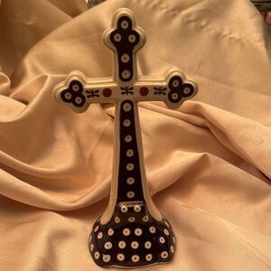 WIZA Boleslawka Polish pottery Black/Cream Polka Dot Ceramic Cross Accent